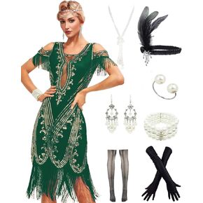 Women's 1920s Art Deco Fringed Sequin Gatsby Costume Prom Party Dress with Tassel Sleeve Accessories Set