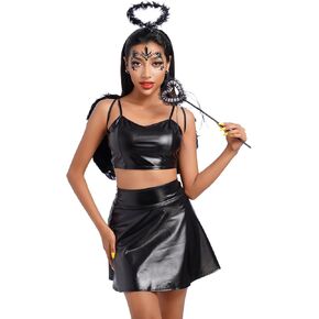 IBTOM CASTLE Women Devil Angel Halloween Costume Holographic Crop Top Skirt Accessories Metallic Festival Party Rave Outfit