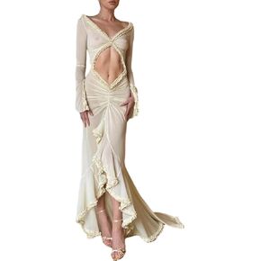 SOLILOQUY Women's High Low Maxi Dress Party Long Sleeve Off Shoulder Frilly V Neck Sheer Mesh Club Dress Cover Up Gown