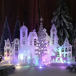 7pcs LED Christmas Village Houses Decorations Christmas Village Centerpieces Paper Decor with Light Winter White Church Christmas Tree Farmhouse Tabletop for Holiday Table Home Decor