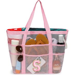 YOOLIFE Mesh Beach Bag - Initial Beach Bag & Pockets, Travel Tote Bag, Swim Pool Bag, Personalized Gifts for Women Birthday
