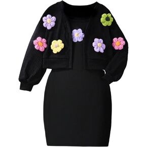 Girl's 2 Piece Outfits Floral Appliques Long Sleeve Rib Knit Jacket Cardigan with Cami Dress Set