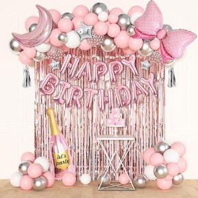 Ouddy Life Pink Happy Birthday Party Decorations for Women Girls, Pink Happy Birthday Love Crown Bow Bottle Lipstick Balloons Fringe Curtain for Princess Birthday Wedding Baby Shower Party Supplies