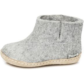 GLERUPS Kids Indoor Boot, Wool Slippers with Leather Sole, Grey