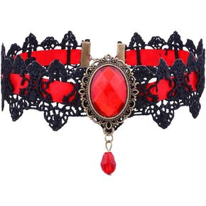 GRAEEN Gothic Black Lace Choker Necklaces Royal Court Vampire Chokers with Rhinestone Pendant Halloween Lace Clavicle Necklace Jewelry for Women