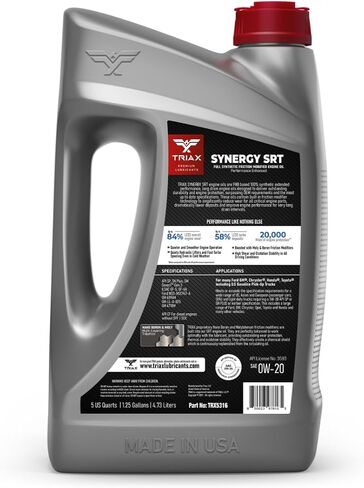 TRIAX Synergy SRT 0W-20 - زيت محرك اصطناعي بالكامل ومعدل الاحتكاك - 20 ألف ميل، مرخص من API SP، حماية 3x من التآكل - احتكاك نانو بورون ومولي معدل (إبريق سعة 5 لتر) in Saudi Arabia