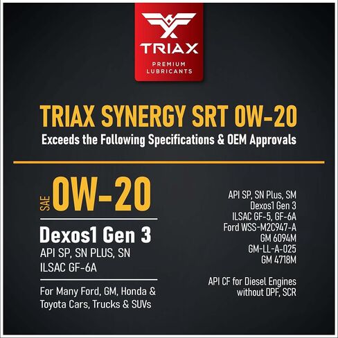TRIAX Synergy SRT 0W-20 - زيت محرك اصطناعي بالكامل ومعدل الاحتكاك - 20 ألف ميل، مرخص من API SP، حماية 3x من التآكل - احتكاك نانو بورون ومولي معدل (إبريق سعة 5 لتر) in Saudi Arabia