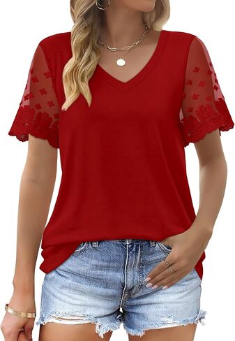 OFEEFAN Casual V Neck T Shirts for Women Lace Short Sleeve Curved Hem Tops Loose Fit in Kuwait