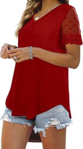 OFEEFAN Casual V Neck T Shirts for Women Lace Short Sleeve Curved Hem Tops Loose Fit in Kuwait