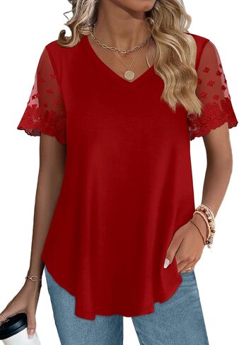 OFEEFAN Casual V Neck T Shirts for Women Lace Short Sleeve Curved Hem Tops Loose Fit in Kuwait