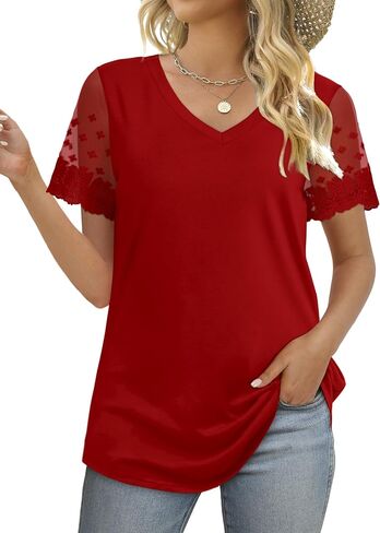 OFEEFAN Casual V Neck T Shirts for Women Lace Short Sleeve Curved Hem Tops Loose Fit in Kuwait