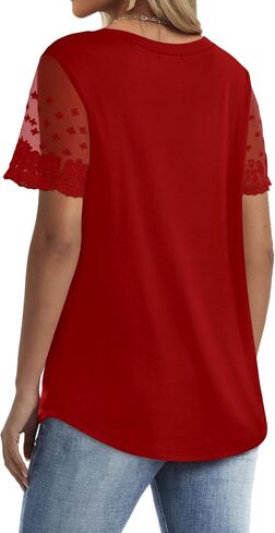 OFEEFAN Casual V Neck T Shirts for Women Lace Short Sleeve Curved Hem Tops Loose Fit in Kuwait