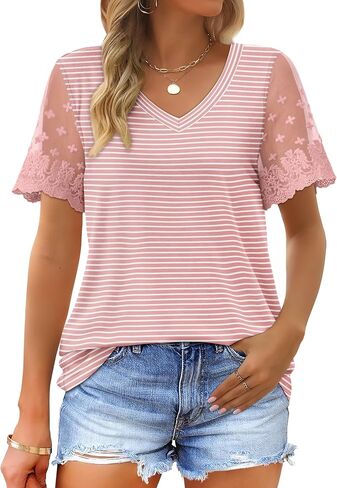 OFEEFAN Casual V Neck T Shirts for Women Lace Short Sleeve Curved Hem Tops Loose Fit in Kuwait