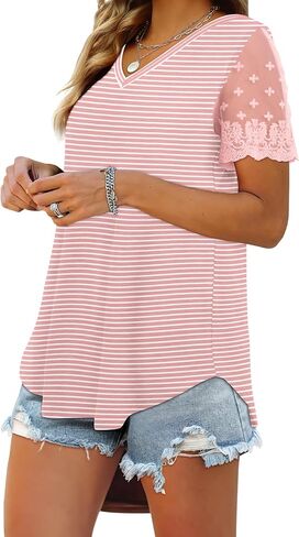 OFEEFAN Casual V Neck T Shirts for Women Lace Short Sleeve Curved Hem Tops Loose Fit in Kuwait