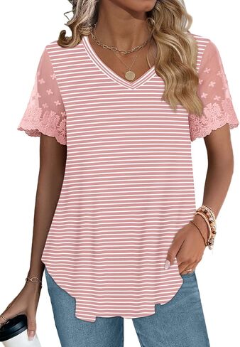 OFEEFAN Casual V Neck T Shirts for Women Lace Short Sleeve Curved Hem Tops Loose Fit in Kuwait