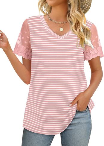 OFEEFAN Casual V Neck T Shirts for Women Lace Short Sleeve Curved Hem Tops Loose Fit in Kuwait