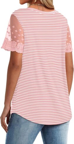 OFEEFAN Casual V Neck T Shirts for Women Lace Short Sleeve Curved Hem Tops Loose Fit in Kuwait