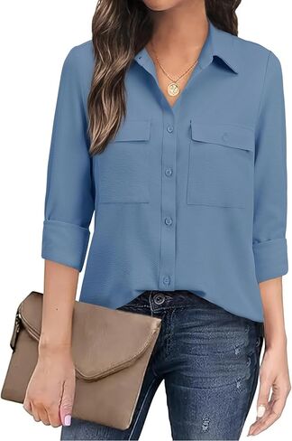 Women's Button Down Blouse Long Sleeve Dress Shirts for Work Office Business Casual Chiffon Tops in Saudi Arabia