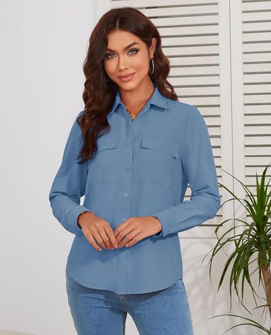 Women's Button Down Blouse Long Sleeve Dress Shirts for Work Office Business Casual Chiffon Tops in Saudi Arabia