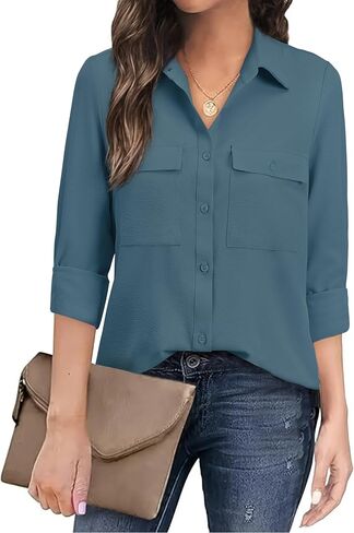 Women's Button Down Blouse Long Sleeve Dress Shirts for Work Office Business Casual Chiffon Tops in Saudi Arabia