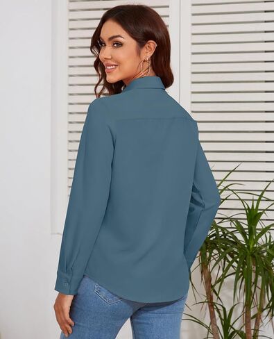 Women's Button Down Blouse Long Sleeve Dress Shirts for Work Office Business Casual Chiffon Tops in Saudi Arabia