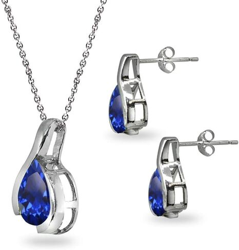 Jewelry Sets for Women, Necklace and Earring Sets for Women, Birthstone Jewelry, Genuine or Synthetic Gems, Pear Cut Teardrop Necklace and Earrings Set, Pendant Necklace, Stud Earrings, Silver Jewelry in Saudi Arabia