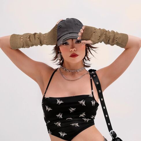قفازات Lusofie Grunge قفاز ممزق y2k إكسسوارات الجرونج الجنية ملحقات تدفئة الذراع الجمالية من الكروشيه باللون البني in Saudi Arabia