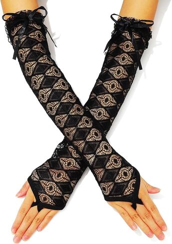 Black Long Gloves Lace Fingerless Gloves Mesh Opera Tea Party Gloves Rave Accessories for Women and Girls in Kuwait