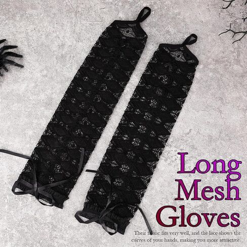 Black Long Gloves Lace Fingerless Gloves Mesh Opera Tea Party Gloves Rave Accessories for Women and Girls in Kuwait