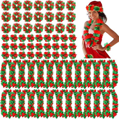 Tlswshsy 24 Pcs Christmas Hawaiian Leis, Red and Green Hawaiian Flower Necklace, Tropical Hawaiian Luau Leis for Christmas Cosplay Beach Wedding Carnival Themed Party Decorations and Supplies in Kuwait