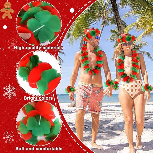 Tlswshsy 24 Pcs Christmas Hawaiian Leis, Red and Green Hawaiian Flower Necklace, Tropical Hawaiian Luau Leis for Christmas Cosplay Beach Wedding Carnival Themed Party Decorations and Supplies in Kuwait