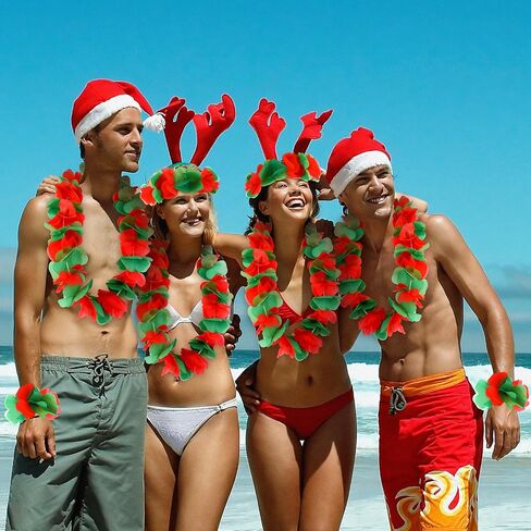 Tlswshsy 24 Pcs Christmas Hawaiian Leis, Red and Green Hawaiian Flower Necklace, Tropical Hawaiian Luau Leis for Christmas Cosplay Beach Wedding Carnival Themed Party Decorations and Supplies in Kuwait