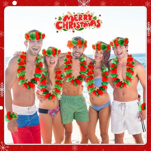 Tlswshsy 24 Pcs Christmas Hawaiian Leis, Red and Green Hawaiian Flower Necklace, Tropical Hawaiian Luau Leis for Christmas Cosplay Beach Wedding Carnival Themed Party Decorations and Supplies in Kuwait
