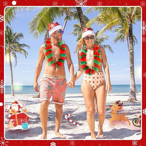 Tlswshsy 24 Pcs Christmas Hawaiian Leis, Red and Green Hawaiian Flower Necklace, Tropical Hawaiian Luau Leis for Christmas Cosplay Beach Wedding Carnival Themed Party Decorations and Supplies in Kuwait
