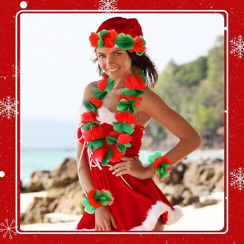 Tlswshsy 24 Pcs Christmas Hawaiian Leis, Red and Green Hawaiian Flower Necklace, Tropical Hawaiian Luau Leis for Christmas Cosplay Beach Wedding Carnival Themed Party Decorations and Supplies in Kuwait