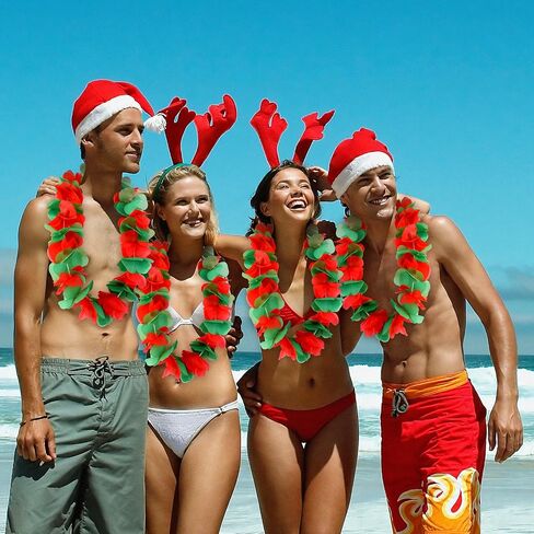 Tlswshsy 24 Pcs Christmas Hawaiian Leis, Red and Green Hawaiian Flower Necklace, Tropical Hawaiian Luau Leis for Christmas Cosplay Beach Wedding Carnival Themed Party Decorations and Supplies in Kuwait