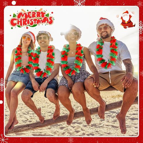 Tlswshsy 24 Pcs Christmas Hawaiian Leis, Red and Green Hawaiian Flower Necklace, Tropical Hawaiian Luau Leis for Christmas Cosplay Beach Wedding Carnival Themed Party Decorations and Supplies in Kuwait