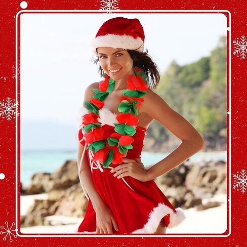 Tlswshsy 24 Pcs Christmas Hawaiian Leis, Red and Green Hawaiian Flower Necklace, Tropical Hawaiian Luau Leis for Christmas Cosplay Beach Wedding Carnival Themed Party Decorations and Supplies in Kuwait