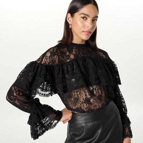 The Drop Women's Miriam Feminine Ruffle Yoke Shine Blouse in Saudi Arabia