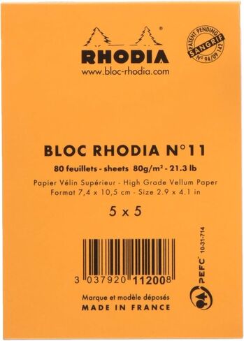 Rhodia cf11200 Notepad, No.11 (A7), 80 Sheets, Grid Ruled, Water Repellent Cover, Perforated, PEFC Certified, Block Rodia No.11 (2.9 x 4.1 inches (7.4 x 10.5 cm), Orange in Kuwait