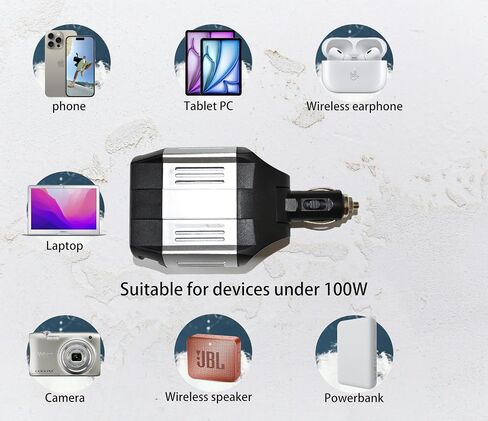 محول طاقة موجة جيبية معدلة بقدرة 100 وات مُصنف مع قوة زيادة 300 وات مع مخرج USB مزدوج وقابس ولاعة سجائر قابل للتعديل (فضي) in Kuwait