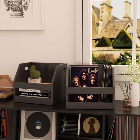 حامل تخزين تسجيل YMYNY، صندوق ألبوم من الفينيل بمقبض، منظم سطح المكتب لرف الكتب سجل LP شبه منحرف للمجلدات والكتب وألبومات الصور، أسود، 14.96 × 11.42 × 11.42 بوصة UHCD001B in Kuwait