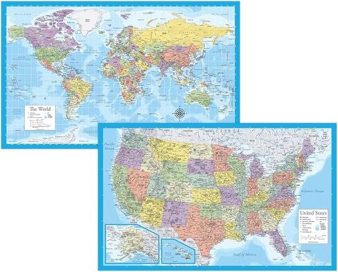 2 Pack - Laminated World Map & US Map Poster Set - Wall Chart Map of the World & United States - Made in the USA [Black] in Saudi Arabia