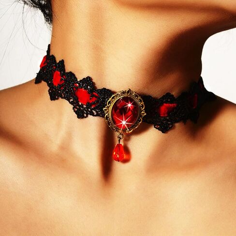 GRAEEN Gothic Black Lace Choker Necklaces Royal Court Vampire Chokers with Rhinestone Pendant Halloween Lace Clavicle Necklace Jewelry for Women in Saudi Arabia