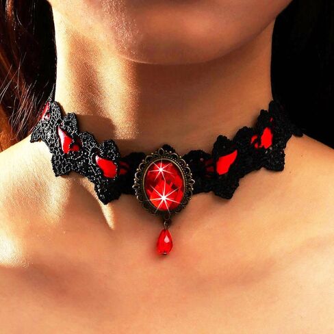 GRAEEN Gothic Black Lace Choker Necklaces Royal Court Vampire Chokers with Rhinestone Pendant Halloween Lace Clavicle Necklace Jewelry for Women in Saudi Arabia