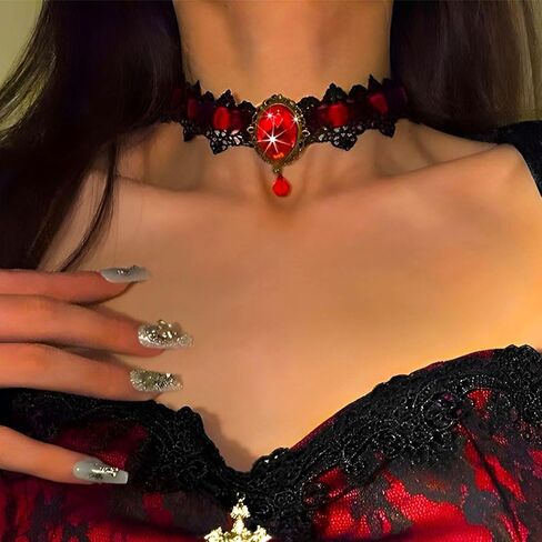 GRAEEN Gothic Black Lace Choker Necklaces Royal Court Vampire Chokers with Rhinestone Pendant Halloween Lace Clavicle Necklace Jewelry for Women in Saudi Arabia