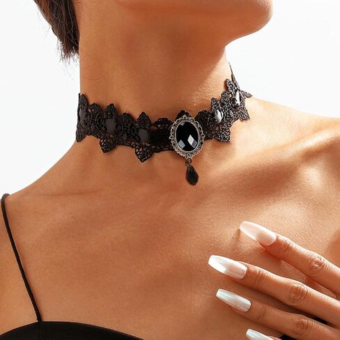 GRAEEN Gothic Black Lace Choker Necklaces Royal Court Vampire Chokers with Rhinestone Pendant Halloween Lace Clavicle Necklace Jewelry for Women in Kuwait