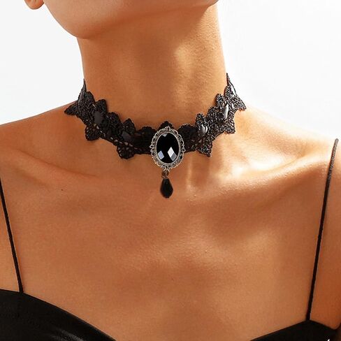 GRAEEN Gothic Black Lace Choker Necklaces Royal Court Vampire Chokers with Rhinestone Pendant Halloween Lace Clavicle Necklace Jewelry for Women in Kuwait