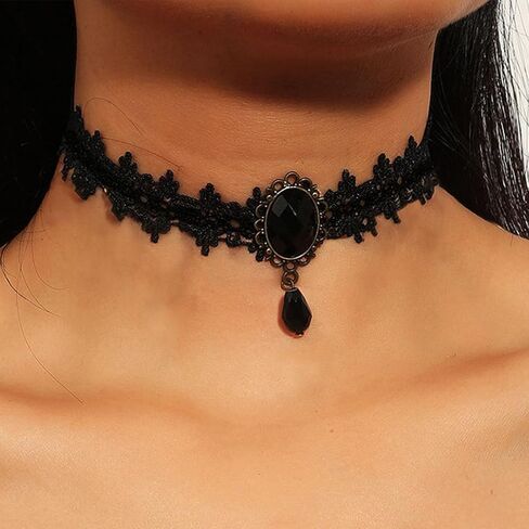 GRAEEN Gothic Black Lace Choker Necklaces Royal Court Vampire Chokers with Rhinestone Pendant Halloween Lace Clavicle Necklace Jewelry for Women in Kuwait