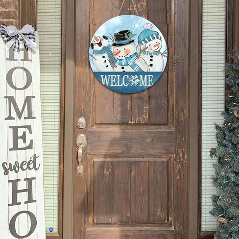 Winter Snowman Door Decorations, Blue Christmas Snowman Wreaths for Front Door, 12 Inch Winter Door Sign, Christmas Door Hanger Welcome Sign Wooden, Winter Wall Porch Hanging Decor, January Wreath in Saudi Arabia